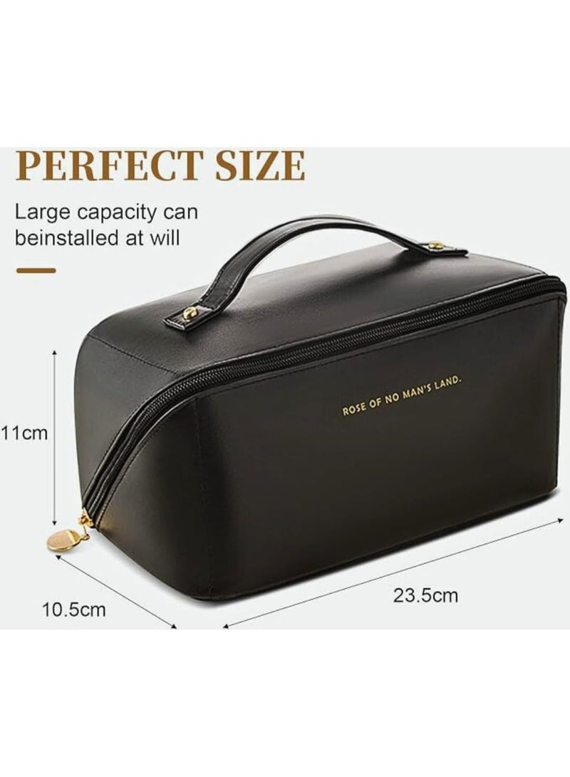 شنطة مستحضرات تجميل للسفر من الجلد عالي الجودة بسعة كبيرة مكياج متعددة الاستخدامات جلد صناعي مقاومة للماء مع مقبض ومقسم للنساء أسود - Image 5