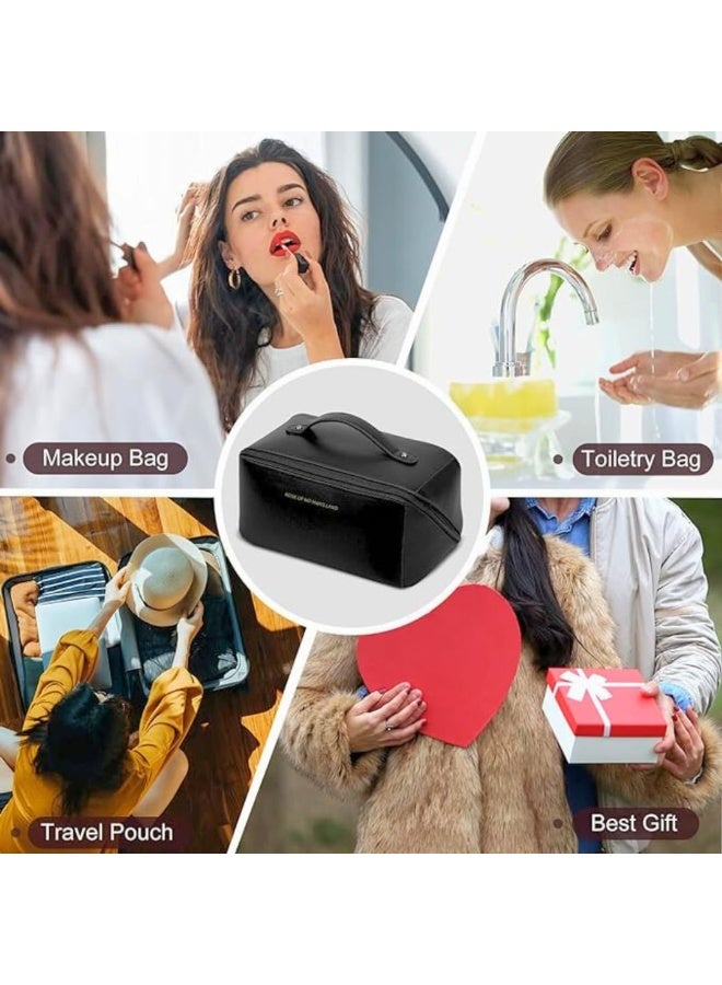 شنطة مستحضرات تجميل للسفر من الجلد عالي الجودة بسعة كبيرة مكياج متعددة الاستخدامات جلد صناعي مقاومة للماء مع مقبض ومقسم للنساء أسود - Image 2
