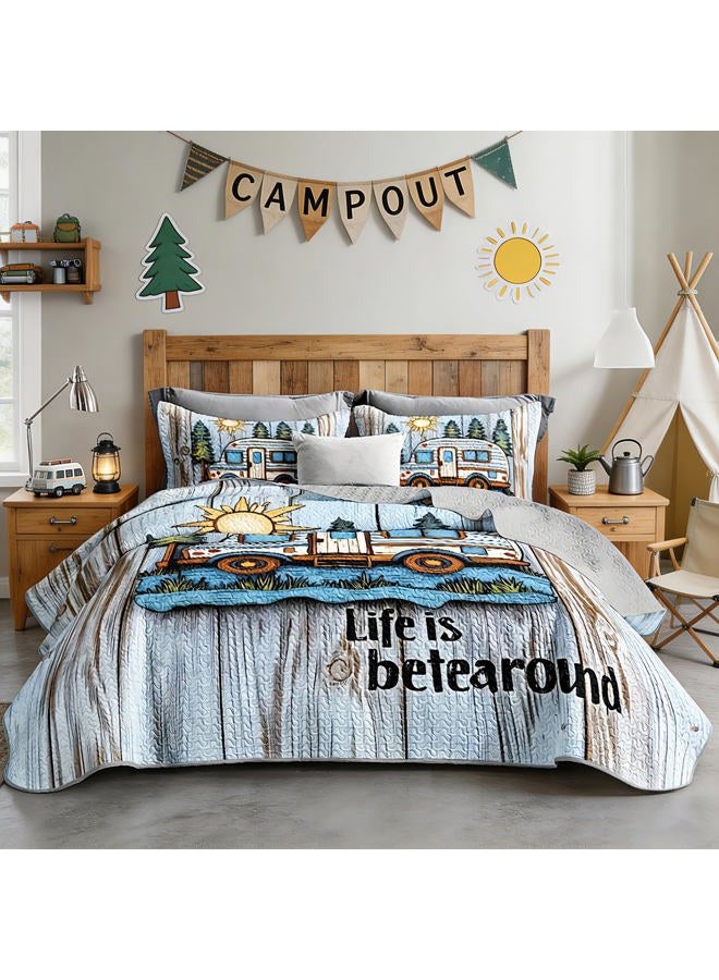 UEVBF Camping Travel Trailer Bedding King Quilts for Bed,Retro Bedding for Kids Boys Girls Happy Camper Decor,Outdoor Camping Themed Quilt Sets with 2 Pillowcases. - Image 1