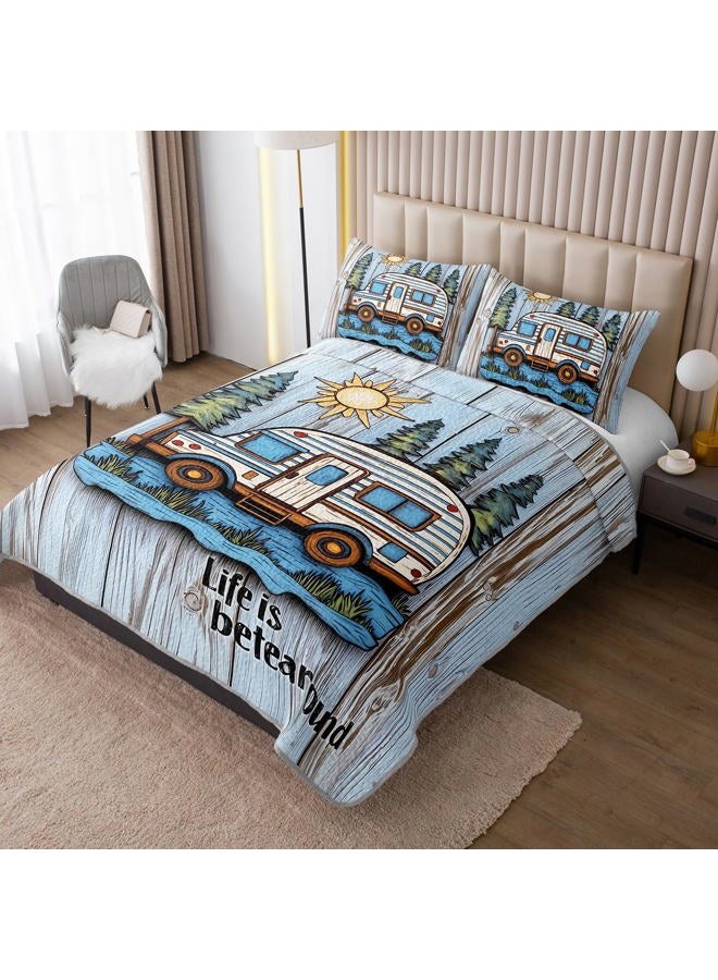 UEVBF Camping Travel Trailer Bedding King Quilts for Bed,Retro Bedding for Kids Boys Girls Happy Camper Decor,Outdoor Camping Themed Quilt Sets with 2 Pillowcases. - Image 2