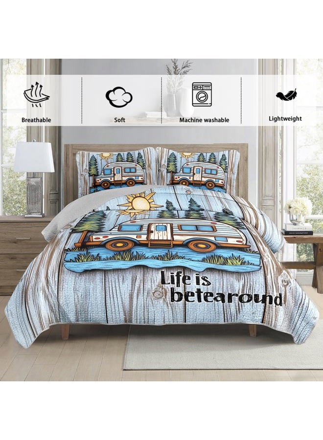 UEVBF Camping Travel Trailer Bedding King Quilts for Bed,Retro Bedding for Kids Boys Girls Happy Camper Decor,Outdoor Camping Themed Quilt Sets with 2 Pillowcases. - Image 3