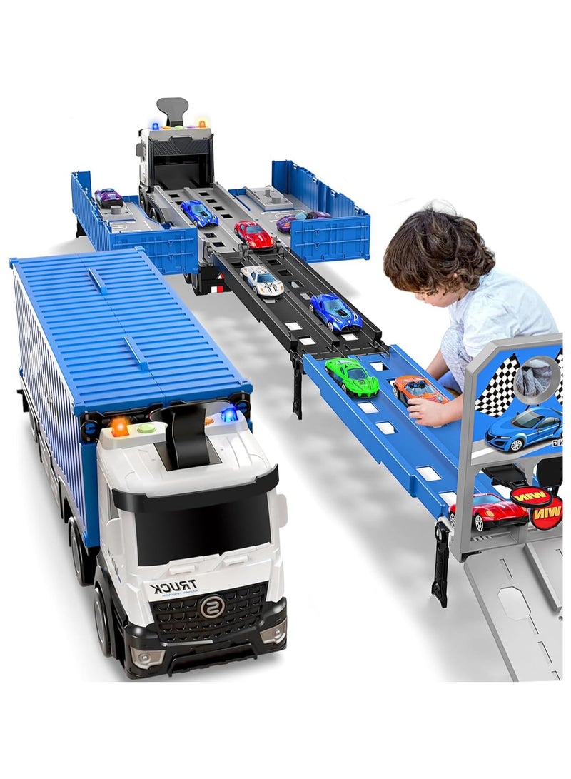Truck Race Track Toddlers Toys, Foldable 3 Layer Car Race Track Playset, Toy Truck Transport Car Carrier & 8 Race Cars, Truck Car Kids Toys Gifts for Age 3 4 5 6+ Years Old Boys Girls - Image 1
