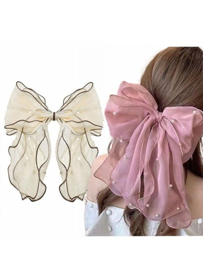 مشبكا شعر كبيران من التول الشبكي المزين باللؤلؤ للنساء، وذيل طويل بشريط، وإكسسوارات شعر جمالية (وردي + بيج) - Image 1