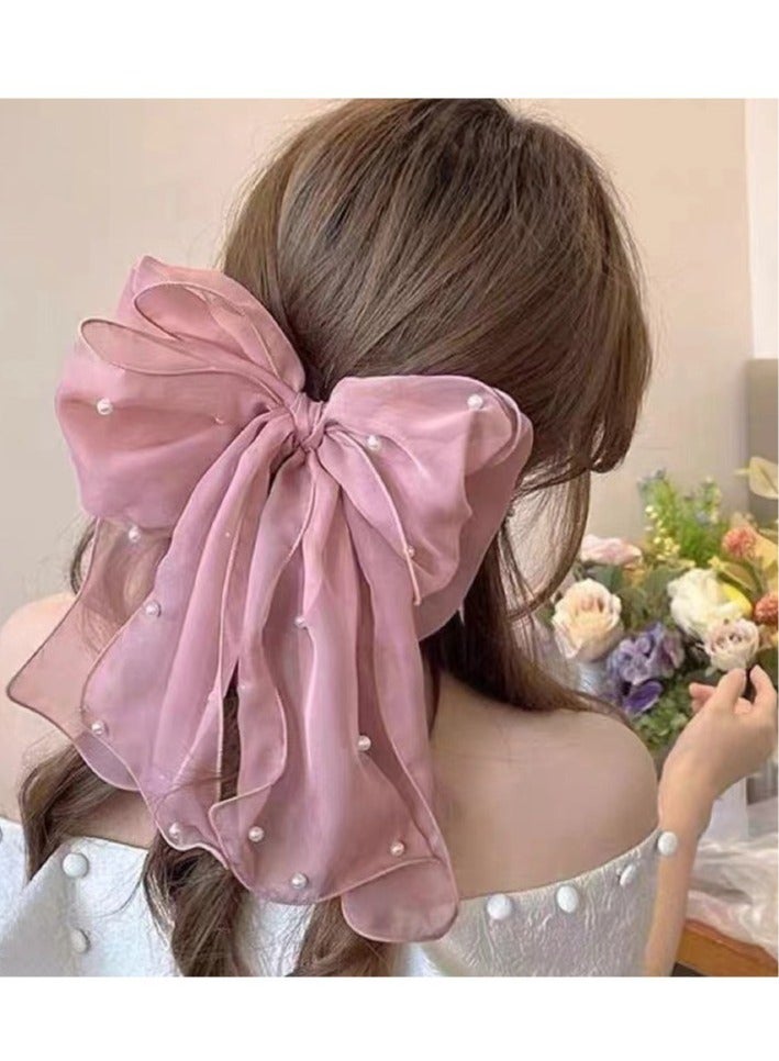 مشبكا شعر كبيران من التول الشبكي المزين باللؤلؤ للنساء، وذيل طويل بشريط، وإكسسوارات شعر جمالية (وردي + بيج) - Image 3