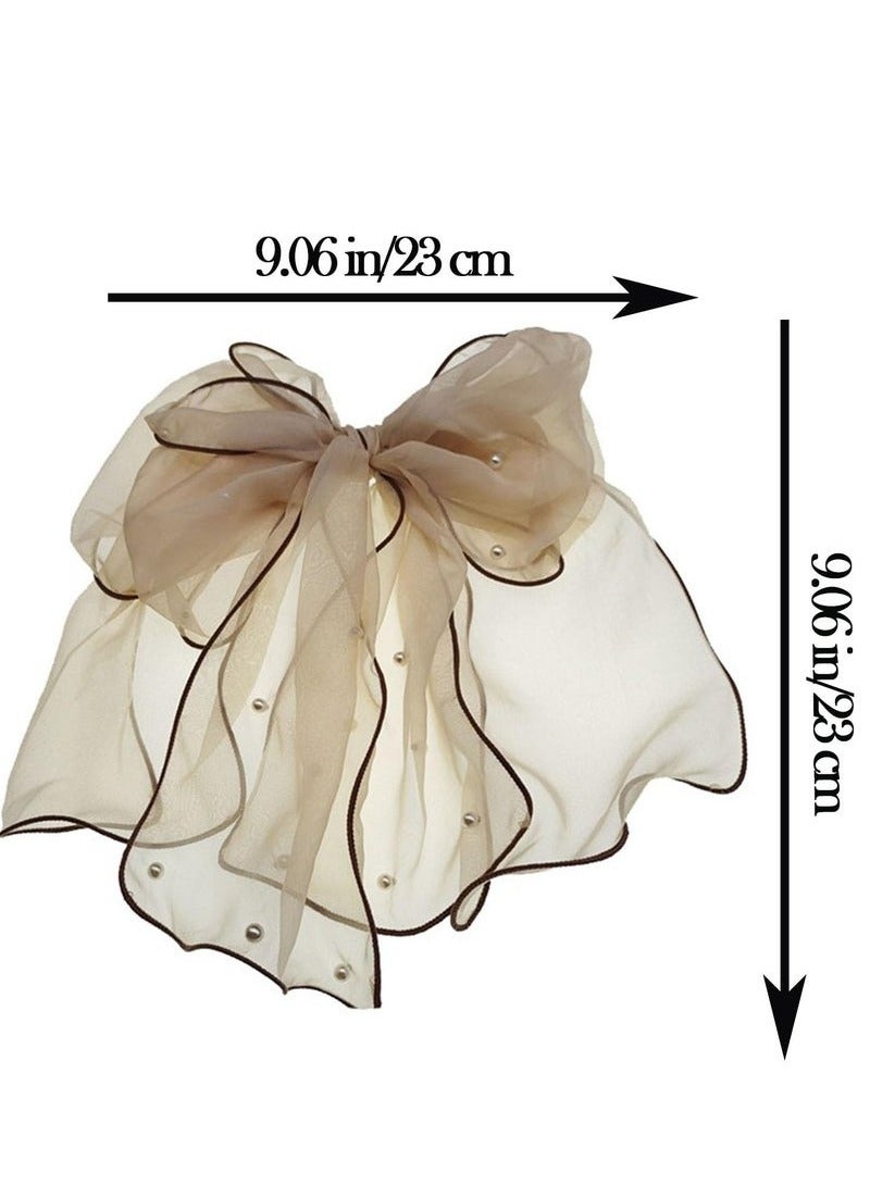 مشبكا شعر كبيران من التول الشبكي المزين باللؤلؤ للنساء، وذيل طويل بشريط، وإكسسوارات شعر جمالية (وردي + بيج) - Image 4