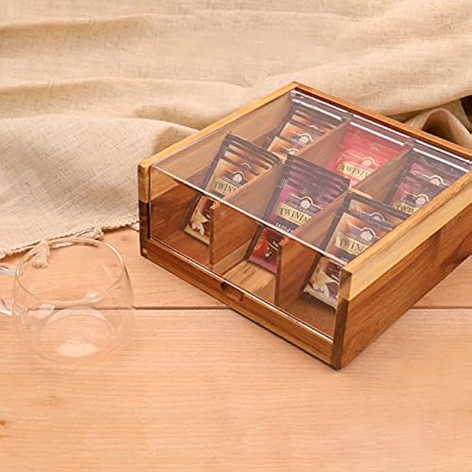 HTB Acacia Wood Tea Bag Organizer Storage 6 Compartments Tea Chest Box With Acrylic Transparent Hinged Lid - Image 3