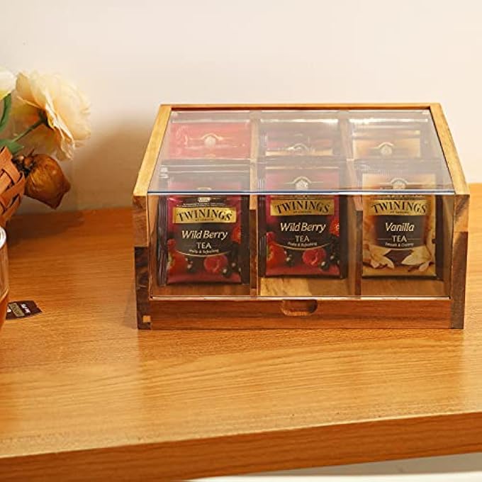 HTB Acacia Wood Tea Bag Organizer Storage 6 Compartments Tea Chest Box With Acrylic Transparent Hinged Lid - Image 4