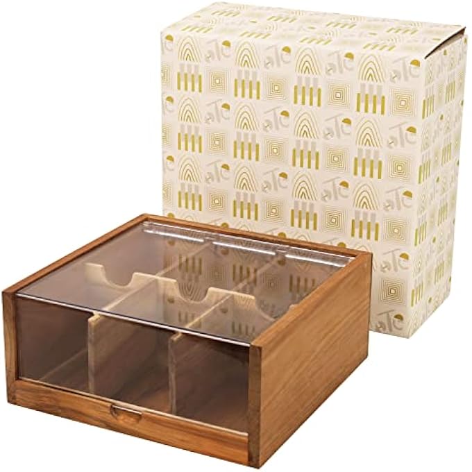 HTB Acacia Wood Tea Bag Organizer Storage 6 Compartments Tea Chest Box With Acrylic Transparent Hinged Lid - Image 2