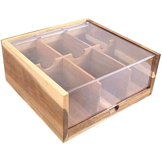 HTB Acacia Wood Tea Bag Organizer Storage 6 Compartments Tea Chest Box With Acrylic Transparent Hinged Lid - Image 5