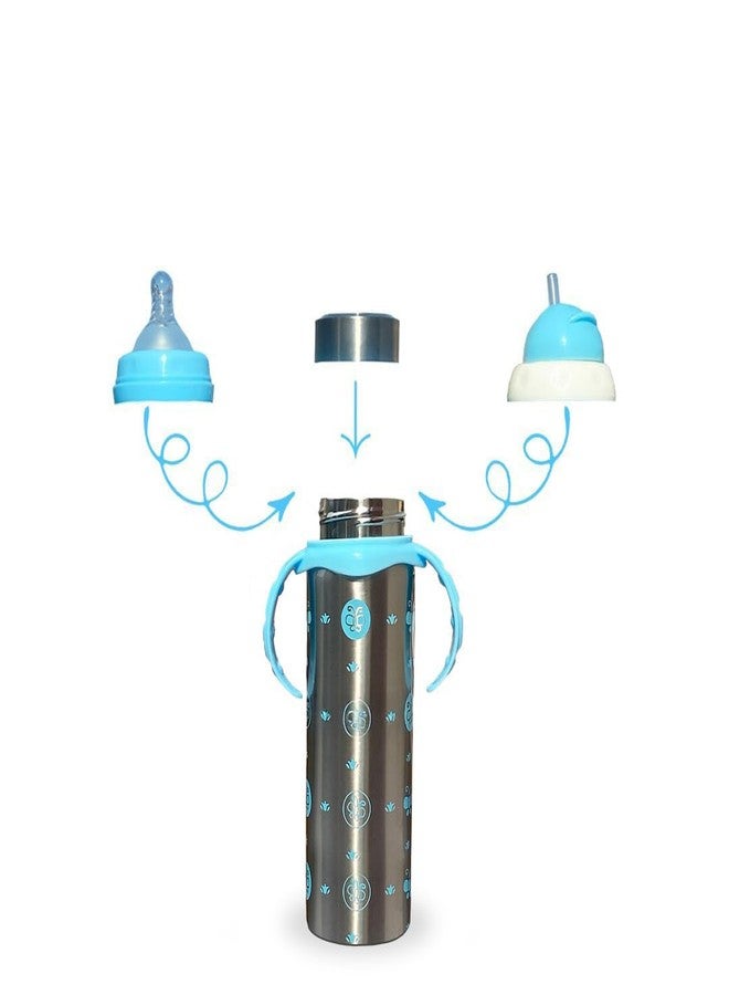 JOYFILLS 3 in 1 Baby Stainless Steel Multi-Functional Thermal Insulation Feeding Bottle| Sipper, Nipple & Straw| Water, Milk, Juices Feeder| Anti-Slip with Anti-Colic Nipple and Handles for Kids/Toddlers/Infants 240 Ml (Steel Blue) - Image 1