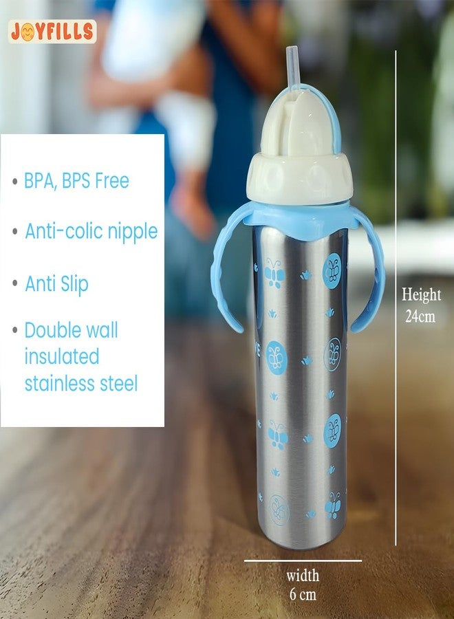 JOYFILLS 3 in 1 Baby Stainless Steel Multi-Functional Thermal Insulation Feeding Bottle| Sipper, Nipple & Straw| Water, Milk, Juices Feeder| Anti-Slip with Anti-Colic Nipple and Handles for Kids/Toddlers/Infants 240 Ml (Steel Blue) - Image 4