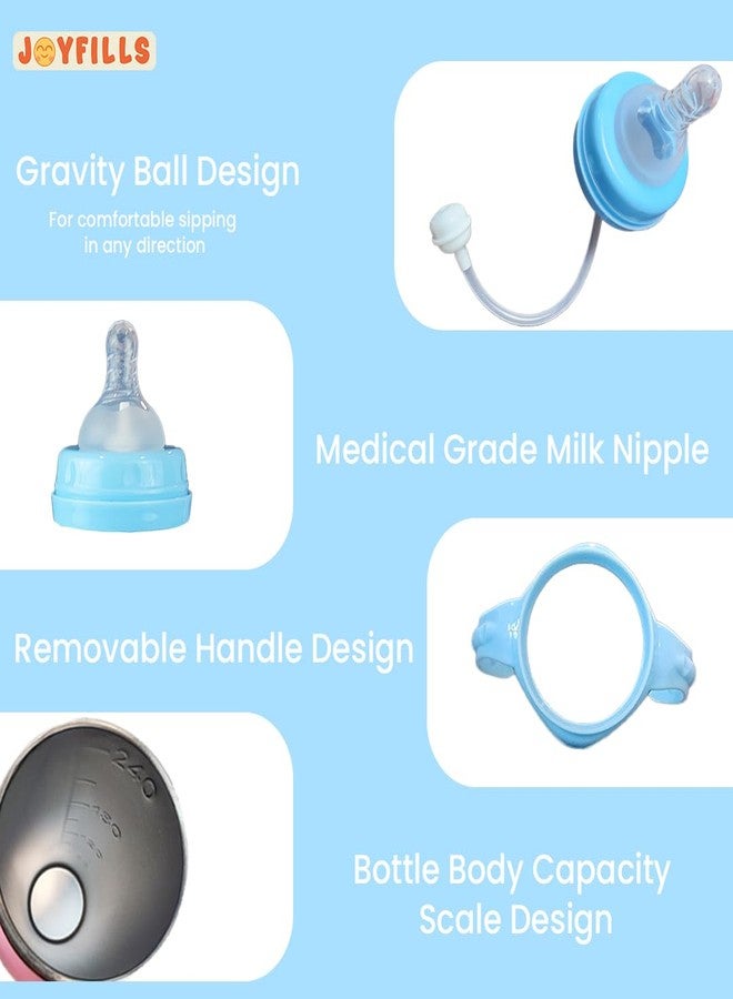 JOYFILLS 3 in 1 Baby Stainless Steel Multi-Functional Thermal Insulation Feeding Bottle| Sipper, Nipple & Straw| Water, Milk, Juices Feeder| Anti-Slip with Anti-Colic Nipple and Handles for Kids/Toddlers/Infants 240 Ml (Steel Blue) - Image 3