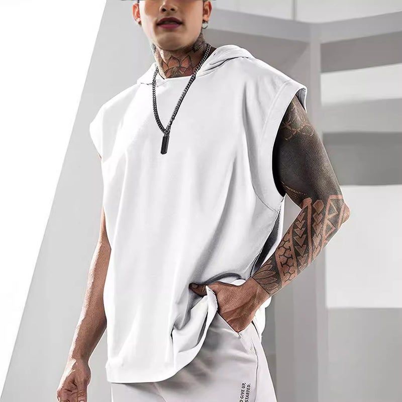 2023 New Casual Pullover Sports Casual Men's T-Shirt Trendy Sleeveless Hooded Loose Men - Image 5