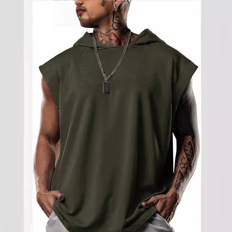 2023 New Casual Pullover Sports Casual Men's T-Shirt Trendy Sleeveless Hooded Loose Men - Image 2