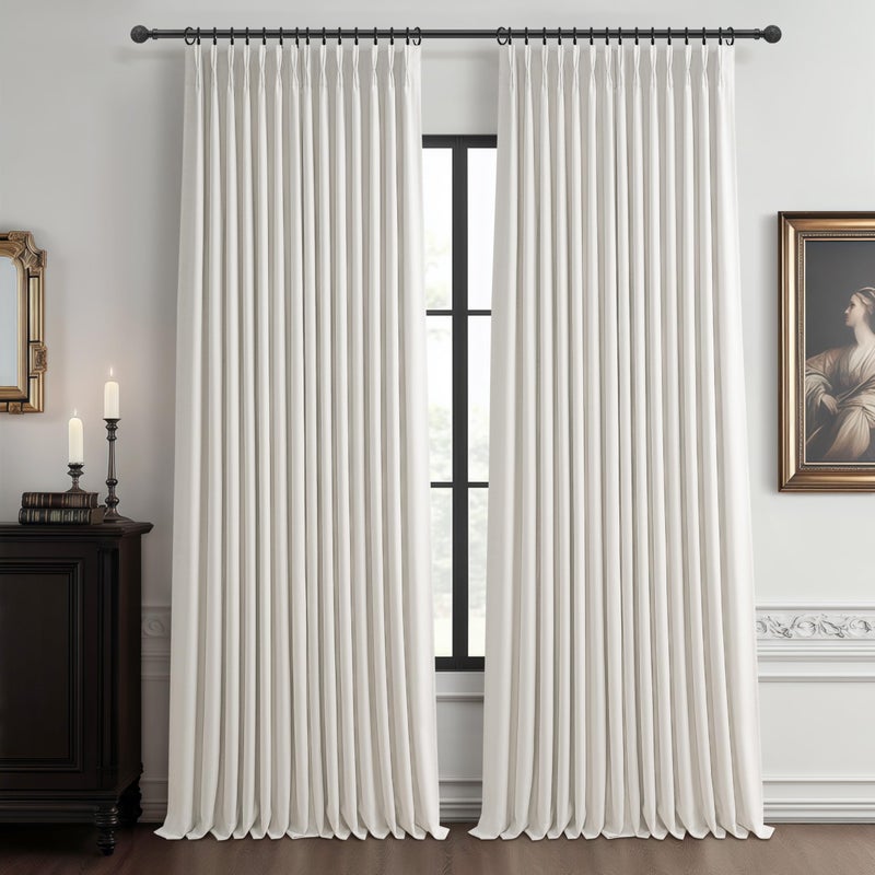 PleatedDrapes Blackout Memory Trained Pinch Pleated Bedroom Curtains 94 Inches Long, Black Out Linen Two Layer Heat Blocking Soundproof Modern Beige White Curtain for Living Room with Back Tab 40W x 94L 2 Panel Set - Image 1