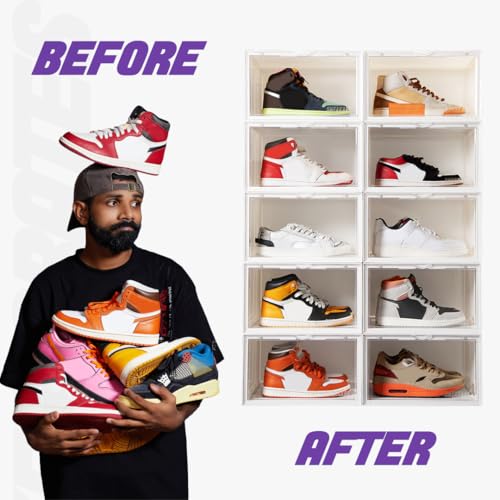 SNEAKARE Stackable Shoe Storage Box | Heavy Duty Plastic Sneaker Crate with Magnetic Door | Shoe Organizer for Men & Women | Fits Upto UK 14 | Durable Shoe Storage Box White Pack of-2 - Image 2