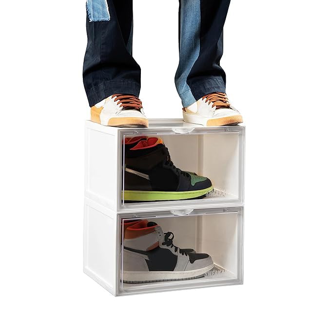 SNEAKARE Stackable Shoe Storage Box | Heavy Duty Plastic Sneaker Crate with Magnetic Door | Shoe Organizer for Men & Women | Fits Upto UK 14 | Durable Shoe Storage Box White Pack of-2 - Image 1