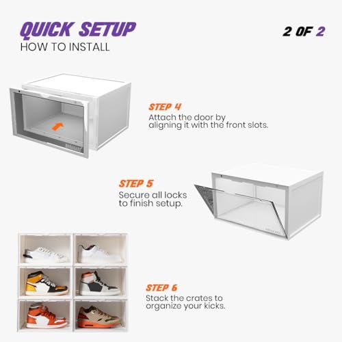 SNEAKARE Stackable Shoe Storage Box | Heavy Duty Plastic Sneaker Crate with Magnetic Door | Shoe Organizer for Men & Women | Fits Upto UK 14 | Durable Shoe Storage Box White Pack of-2 - Image 5