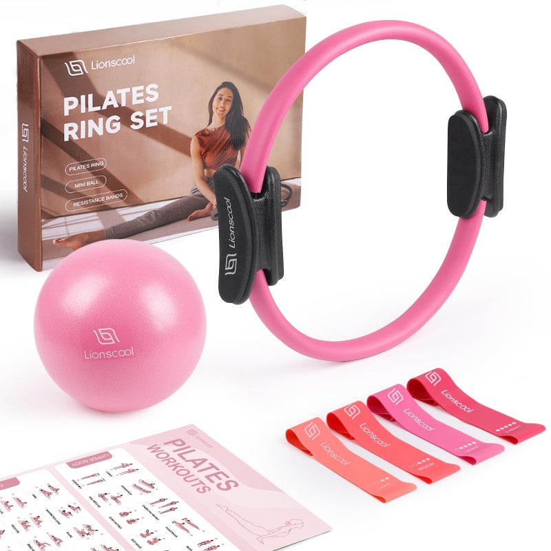 LIONSCOOL Pilates Ring Set â€“ 14" Anti-Deformation Magic Circle with Padded Handles, Mini Ball, Resistance Bands, Guide & Bag (Pink) - Image 1