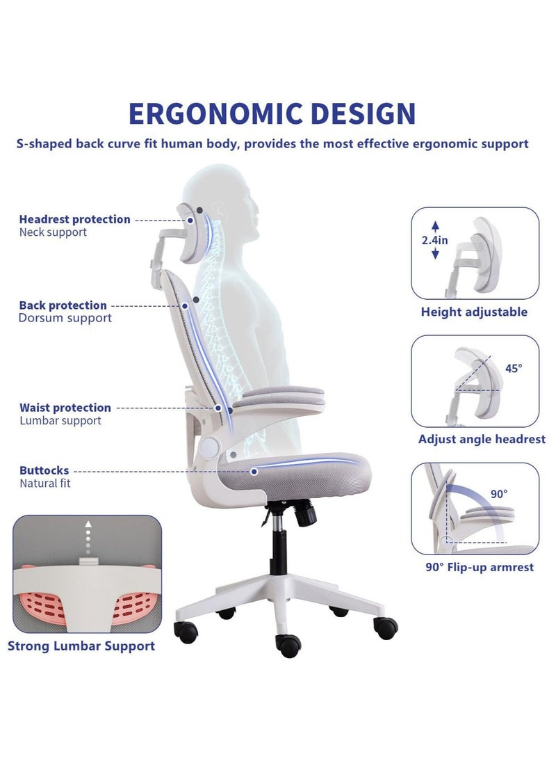 Arabest Ergonomic Office Chair Desk Chair For Home Office,High Back Desk Chair, Breathable Mesh Computer Chair with Wheels, Swivel Computer Task Chair With Flip-up Armrests and Lumbar Support (Grey) - Image 2