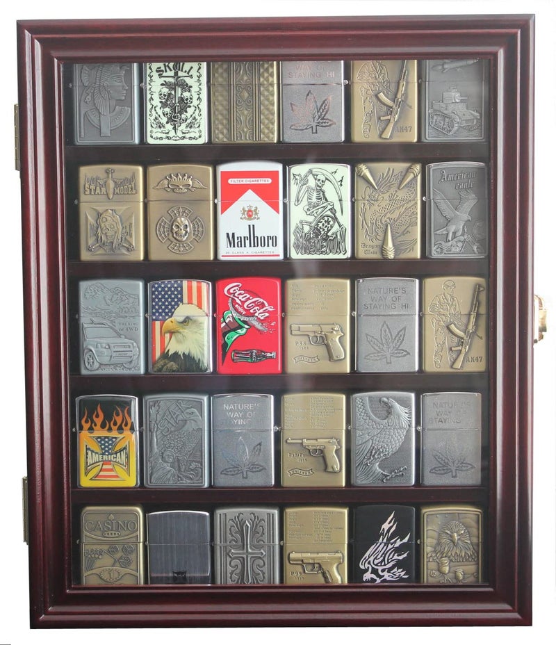 30 Lighters Display Case Wall Cabinet Compatible with Zippo Lighters Military Sport Collectible Match Book Mahogany Finish