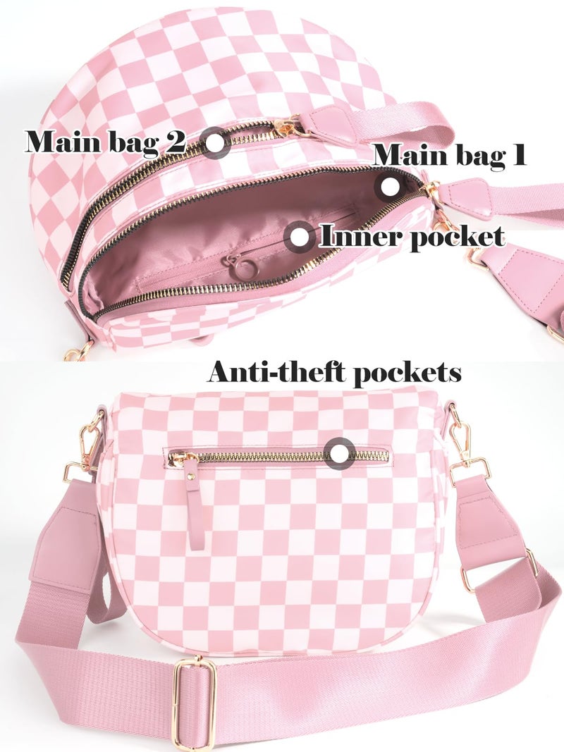 MEISEY Black and White Checkered Crossbody Bum Bag for Women,Spacious Checkered Purse Fanny Packs Belt Bag Sling Bag with Shoulder Strap (Light Pink Checkered) - Image 4