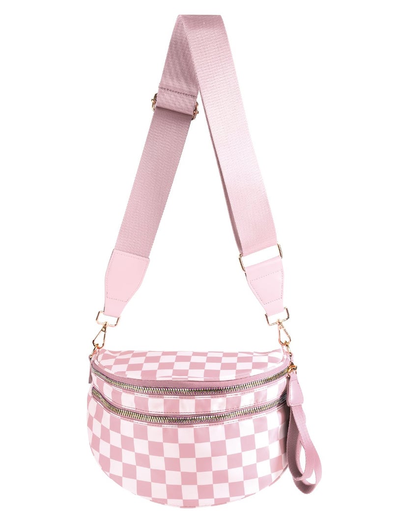 MEISEY Black and White Checkered Crossbody Bum Bag for Women,Spacious Checkered Purse Fanny Packs Belt Bag Sling Bag with Shoulder Strap (Light Pink Checkered) - Image 1