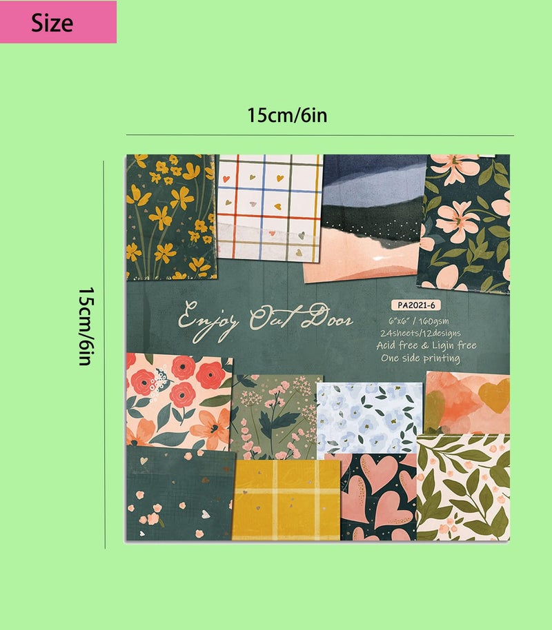 WenTigDY Scrapbook Paper Pad,Cardstock Paper Decorative Craft Papers,6"X6" Garden Floral Patterned Papers, 12 colours, 2 sheets per colour, 24 sheets for Vintage Crafts Junk Journal Supplies - Image 2