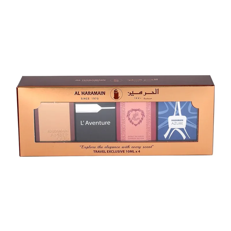 Al Haramain Al Haramain Luxury Travel Perfume Gift Set 4 x 10ml | Amber Oud Gold, L’Aventure, Azlan Saffron & Azure | Mini EDP Collection for Men & Women