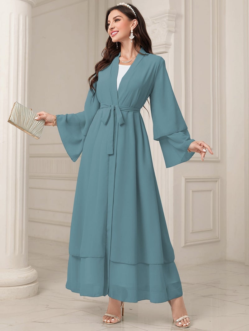 MSL4 Modest Abaya Double-Layer Chiffon Belted Open Front Ramadan - Image 1