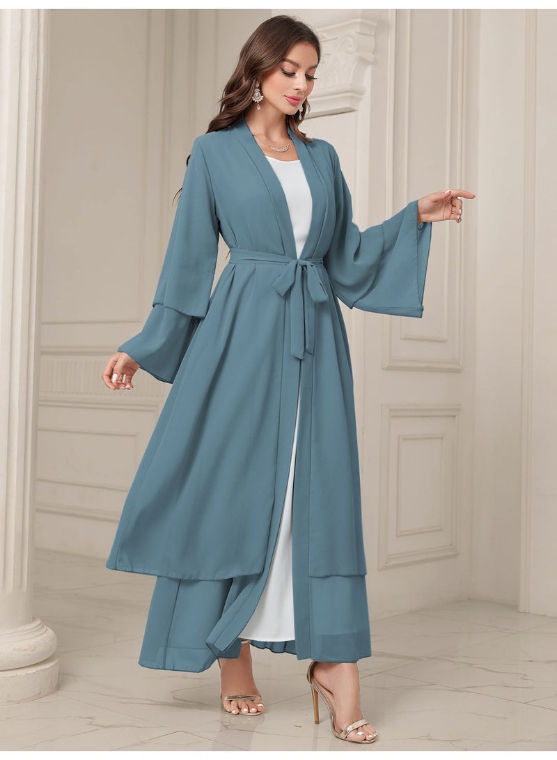 MSL4 Modest Abaya Double-Layer Chiffon Belted Open Front Ramadan - Image 4