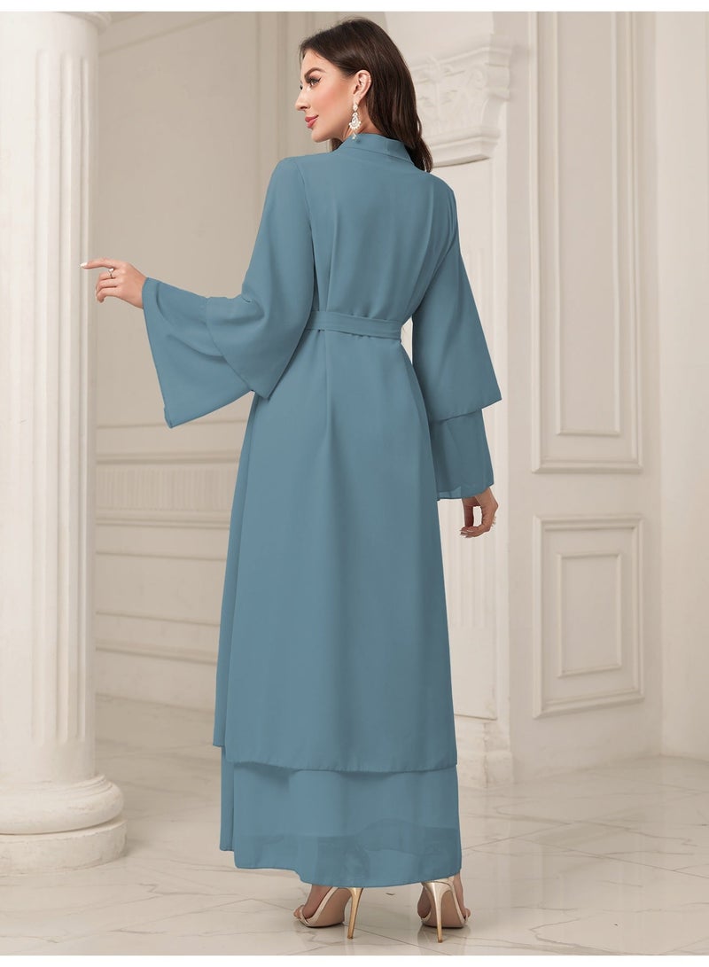 MSL4 Modest Abaya Double-Layer Chiffon Belted Open Front Ramadan - Image 5