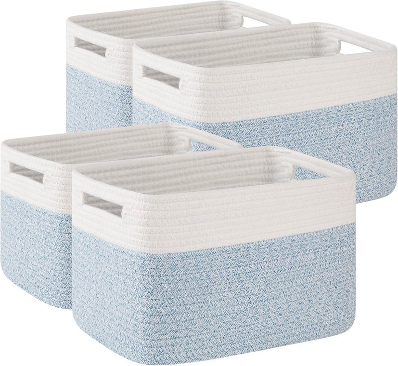 OIAHOMY 4 Pack Storage Baskets for Organizing, Basket for Shelves with Handle, Woven Baskets for Storage Toys, Towels, Books, Cotton Rope Basket 13" L x 9 " W x 7.8 " H, Light Blue & White - Image 1