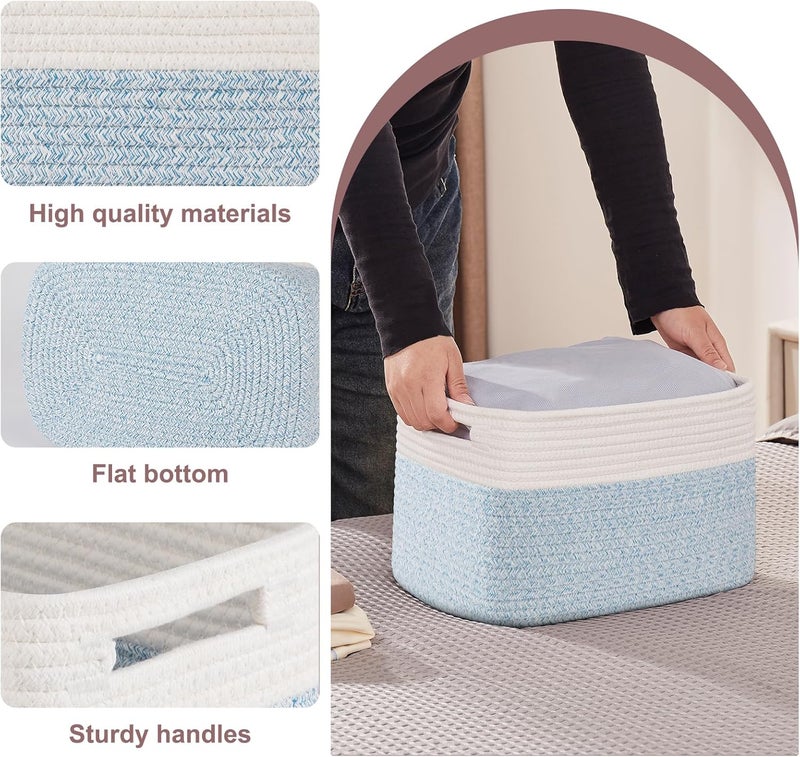 OIAHOMY 4 Pack Storage Baskets for Organizing, Basket for Shelves with Handle, Woven Baskets for Storage Toys, Towels, Books, Cotton Rope Basket 13" L x 9 " W x 7.8 " H, Light Blue & White - Image 3