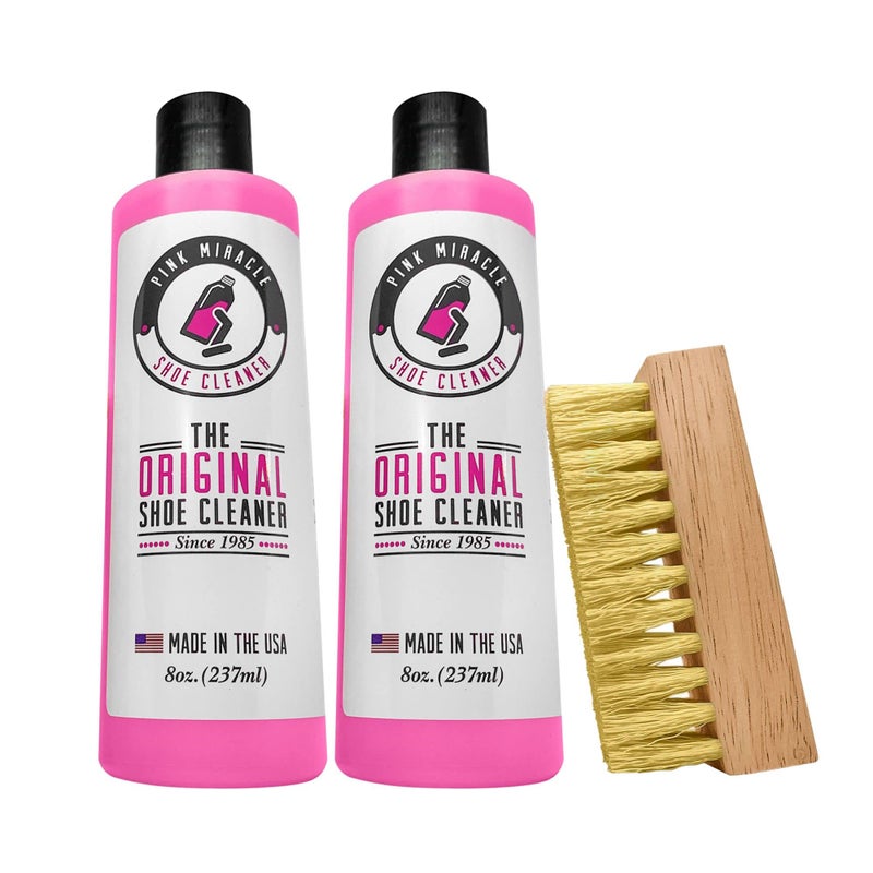 Pink Miracle Shoe Cleaner Kit Fabric Cleaner for Leather, Whites and Nubuck Sneakers Two Pack (Two Bottles/One Brush) - Image 1