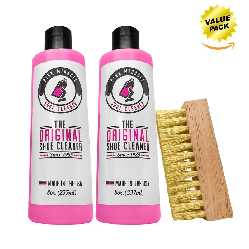 Pink Miracle Shoe Cleaner Kit Fabric Cleaner for Leather, Whites and Nubuck Sneakers Two Pack (Two Bottles/One Brush) - Image 2