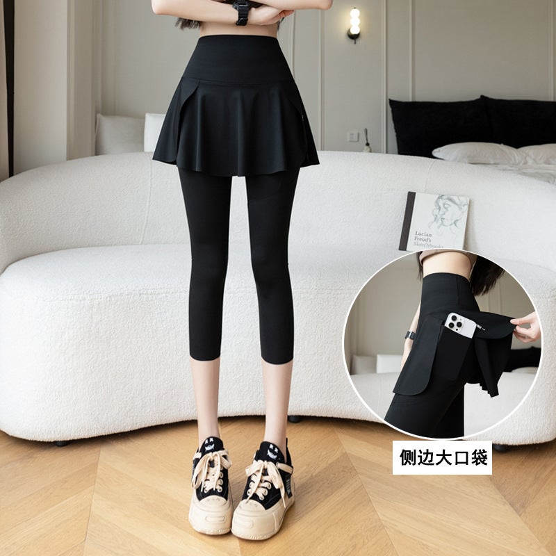 Fake Two-piece Hidden Pocket Shark Culottes 2025 New High Waist Outdoor Cycling Pants Outer Wear plus size Yoga Pants Black [7-point pants] 
