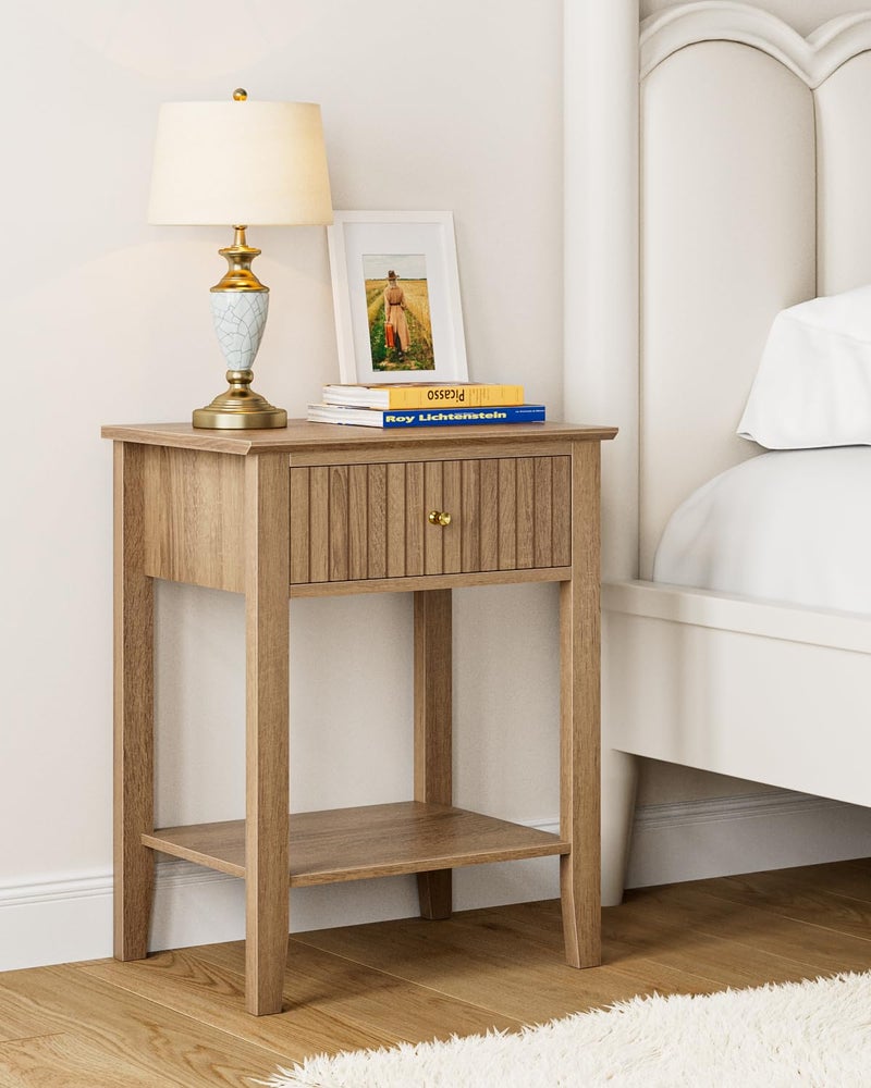 Apetaccat Fluted Nightstand, Farmhouse Night Stand with 1 Drawers, Mid Century Modern Side Accent Table,Bedside End Table for Bedroom, Living Room, Natural - Image 1