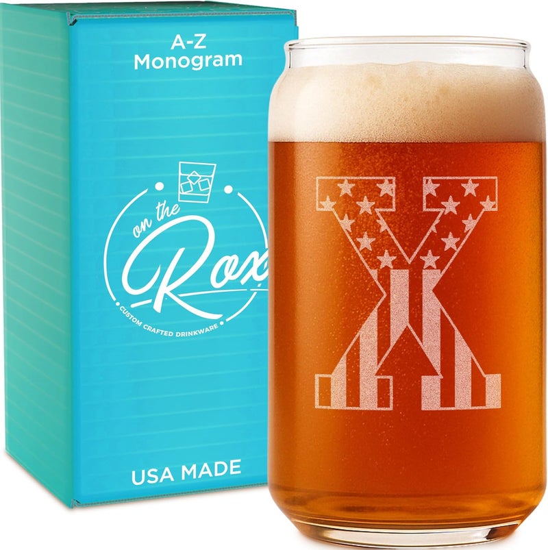 On The Rox Monogram Beer Glasses for Men Women (A-Z) 16 oz - Beer Gifts for Men Brother Son Dad Neighbor - Unique Gifts for Him - Personalized Drinking Gift Beer Glass Mugs - Engraved Beer Can Glass ( X ) - Image 1