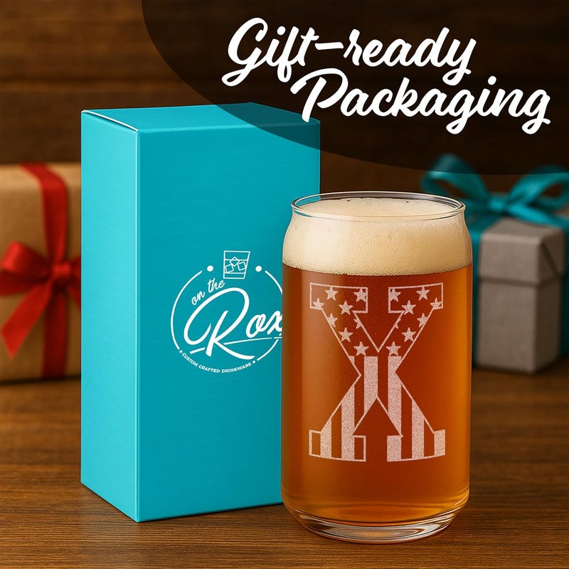 On The Rox Monogram Beer Glasses for Men Women (A-Z) 16 oz - Beer Gifts for Men Brother Son Dad Neighbor - Unique Gifts for Him - Personalized Drinking Gift Beer Glass Mugs - Engraved Beer Can Glass ( X ) - Image 4