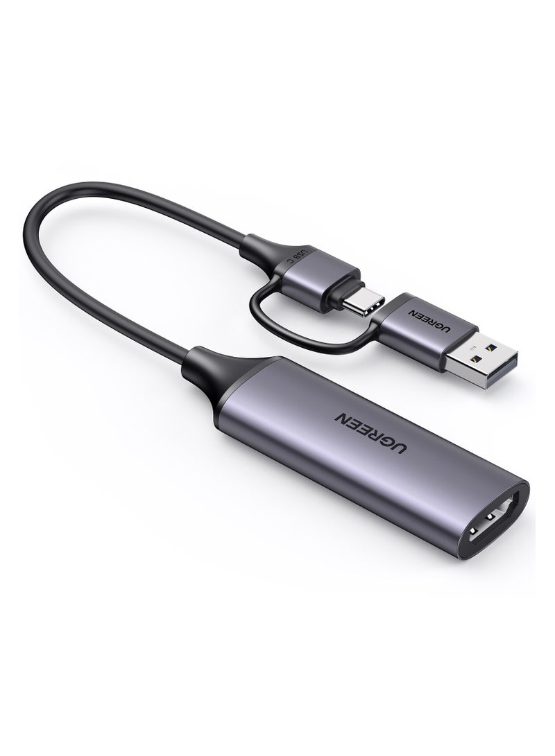 يو جرين بطاقة التقاط فيديو HDMI 2 في 1 &quot;النوع C + USB A&quot; محول بطاقة التقاط HDMI إلى USB C، 1080P@60 هرتز لموسع شاشة NS X-box ومسجل فيديو البث المباشر للألعاب على Tiktok Youtube، لنظام التشغيل Windows MacOS رمادي - Image 1