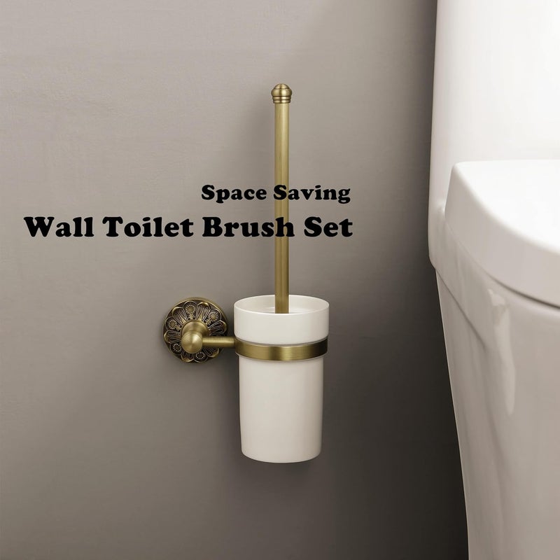 Lucyound Antique Gold Toilet Brush Holder, Wall Mounted Heavy Duty Toilet Bowl Brush and Holder Set, Vintage Decorative Bathroom Accessories, Ceramic and Brass Petal-Relief Series - Image 1