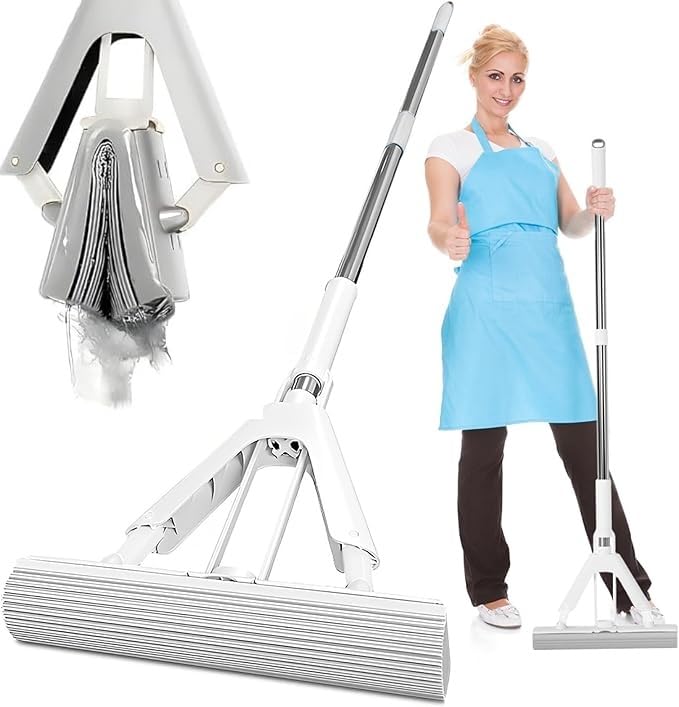KRLZ Sponge Mop Self Wringing Sponge Mop Super Mop with Long Handle and PVA Sponge Heads Hands Free Floor Cleaning Mop Squeeze Mop for Laminate Tile Hardwood Floor - Image 1