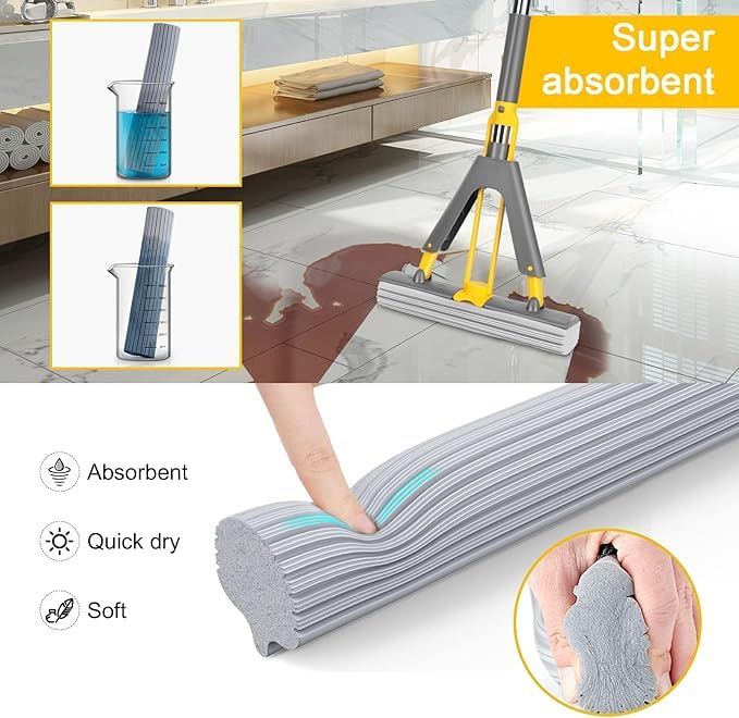 KRLZ Sponge Mop Self Wringing Sponge Mop Super Mop with Long Handle and PVA Sponge Heads Hands Free Floor Cleaning Mop Squeeze Mop for Laminate Tile Hardwood Floor - Image 2