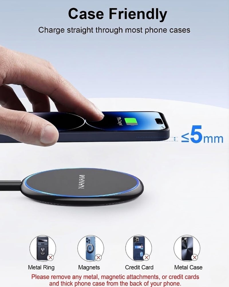 NANAMI 10W Max Wireless Charger Pad, Fast Charging Compatible with iPhone 17/16/15/14/13/12/11/SE Series, Samsung Galaxy S26/S25/S24/S23/S22/S21/S20, AirPods 2/3 - Adapter Required (Sold Separately) - Image 5