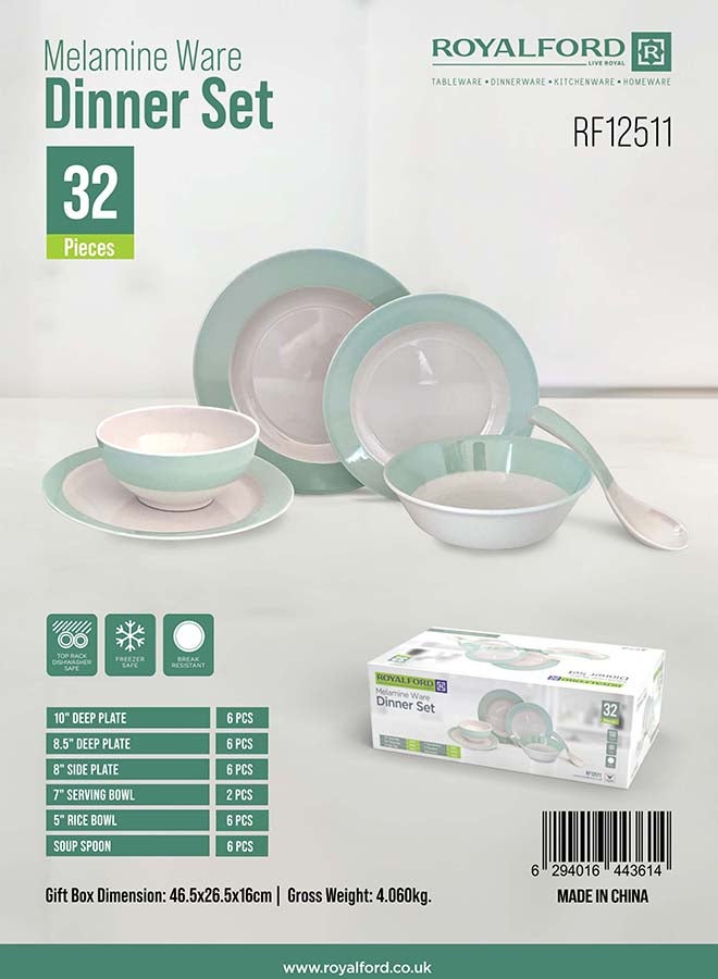 Royalford 32pcs Melamineware Dinner Set RF12511 Includes Deep and Side Plates, Serving and Rice Bowls and Soup Spoons Dishwasher-Safe and Freezer-Friendly Food-Grade Multicolor 3kg - Image 4