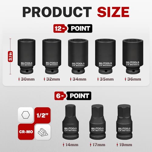 BILITOOLS 12 Point Axle Nut Socket Set, 1/2" Drive Spindle Axle Nut Impact Deep Socket Set 14mm 17mm 19mm 30mm 32mm 34mm 35mm 36mm - Image 3