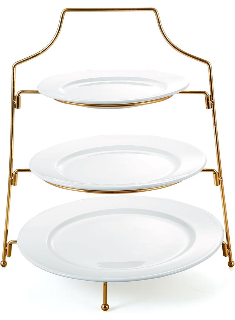 أوركيد طقم تقديم أوركيد ثلاثي الطبقات مع حامل ذهبي، حامل أطباق حلويات ووجبات خفيفة، أطباق بيضاء مع حامل معدني لتقديم الكيك والمعجنات والمقبلات، طقم صواني تقديم - Image 1
