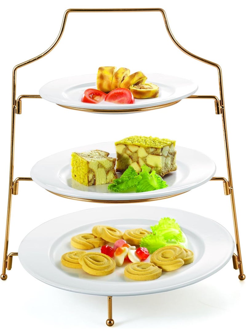 أوركيد طقم تقديم أوركيد ثلاثي الطبقات مع حامل ذهبي، حامل أطباق حلويات ووجبات خفيفة، أطباق بيضاء مع حامل معدني لتقديم الكيك والمعجنات والمقبلات، طقم صواني تقديم - Image 2