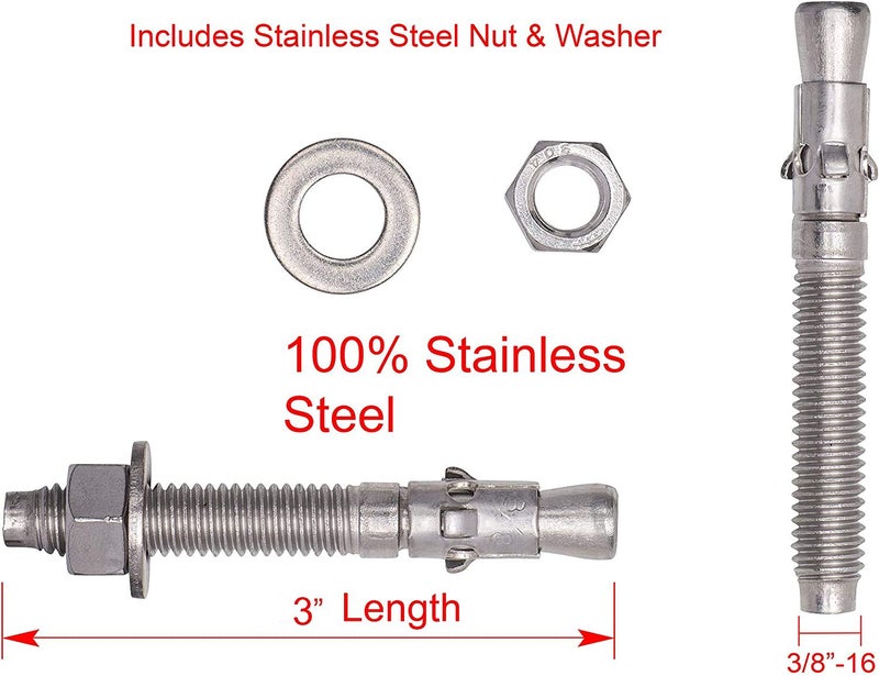 Bolt Dropper Stainless Steel Wedge Anchors - 3/8" x 3" Corrosion Resistant Concrete Fasteners - Commercial Grade Anchor Bolt, Nuts, and Washers Included - Pack of 10 - Image 2